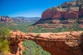 Travel in Devil's Bridge Trail, scenic view panoramic landscape in Sedona, Arizona, USA. Happy young woman on the Royalty Free Stock Photo