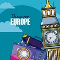 Travel and discover europe card over sky background