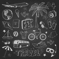 Travel doodles icons sketch on black chalkboard