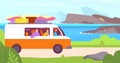 Travel drive on coast. Surfer friends or family and dog in caravan car with suitcase luggage on seaside road trip route