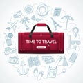 Travel duffle luggage bag with the set of tourism, journey, trip, tour, vacation doodle icons. Time to travel concept