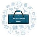 Travel duffle luggage bag with the set of tourism, summer vacation icons. Time to travel concept vector illustration