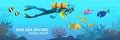 Travel Egypt cartoon banner. Red sea diving poster. Scuba diver swimming underwater among coral reef fish, vector