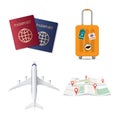 Travel elements, passport, luggage travel case, airplane and map