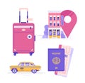 Travel elements set. Passport and tickets. Yellow public taxi cab. Hotel or hostel. Suitcase. Vector illustration Royalty Free Stock Photo