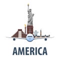 Travel emblem to America. Vacation. Trip to country. Travelling illustration. Modern flat.