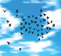 Travel and emigration birds symbol in blue clouds sky. Royalty Free Stock Photo