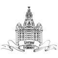 Travel England sign. Liverpool Liver Building, UK, Great Britan. English city famous building. Vector label isolated.