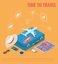 Travel equipment in Isometric style. Travel and tourism concept. Vector