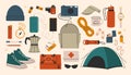 Travel equipment. Tourist adventure carry stuff, cartoon explorer supplies and camping essentials. Vector flat set Royalty Free Stock Photo