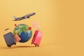 Travel essentials with an airplane circling the globe, indicative of global tourism on a yellow backdrop. Vacation planning. 3D
