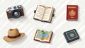 Travel essentials: camera, books, passport, hat, map, illustrated on striped background Royalty Free Stock Photo