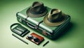Travel essentials featuring elegant hats, a suitcase, sunglasses, and a camera, laid out for an adventure