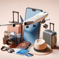 Travel Essentials Floating over Smartphone in Tech Concept Royalty Free Stock Photo