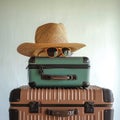 Travel essentials retro hat, sunglasses, and luggage on isolated space