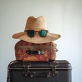 Travel essentials retro hat, sunglasses, and luggage on isolated space