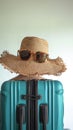 Travel essentials retro hat, sunglasses, and luggage on isolated space