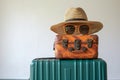 Travel essentials retro hat, sunglasses, and luggage on isolated space