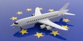 Airplane on EU flag background, view from above. 3d illustration Royalty Free Stock Photo
