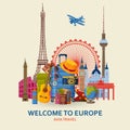 Travel in Europe concept. European most famous sights set. Architectural buildings. Tourist background with suitcases