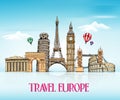 Travel Europe Hand Drawing with Famous Landmarks
