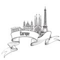 Travel Europe label. Famous buildings and landmarks. Eouropean c