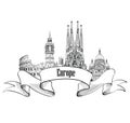 Travel Europe label. Famous buildings and landmarks. Eouropean c