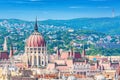 Travel and european tourism concept. Parliament and buda side panorama of Budapest in Hungary during summer sunny day with blue sk Royalty Free Stock Photo