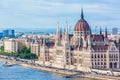 Travel and european tourism concept. Parliament and riverside in Budapest Hungary with sightseeing ships during summer day with bl