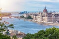 Travel and european tourism concept. Parliament and riverside in Budapest Hungary with sightseeing ships during summer day with bl