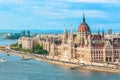 Travel and european tourism concept. Parliament and riverside in Budapest Hungary with sightseeing ships during summer day with bl