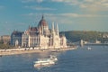 Travel and european tourism concept. Parliament and riverside in Budapest Hungary with sightseeing ships during summer day. Toned