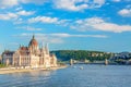 Travel and european tourism concept. Parliament and riverside in Budapest Hungary with sightseeing ships during summer sunny day