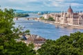 Travel and european tourism concept. Parliament and riverside in Budapest Hungary with sightseeing ships during summer sunny day w