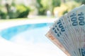 Travel Expenses Female Holds Turkish Lira Near By Pool at Summer Time Bozcaada Canakkale Turkey 2017