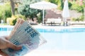 Travel Expenses Female Holds Turkish Lira Near By Pool at Summer Time Bozcaada in Canakkale Turkey 2017