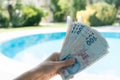 Travel Expenses Female Holds Turkish Lira Near By Pool at Summer Time Bozcaada Canakkale Turkey 2017