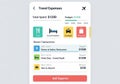 Travel expenses interface displaying total spent of $1250 and a budget of $1500. Categories include Royalty Free Stock Photo