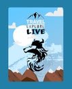 Travel, explore, live motivational quote vector illustration with black wolf silhouette in helmet as a motorcycle biker