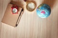 Travel explorer or vacation planning trip mockup top view., Tourist plan layout with personal accessories on table top., Holiday Royalty Free Stock Photo