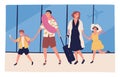 Travel family going to summer vacation together vector flat illustration. Parents and kids carry baggage or luggage at