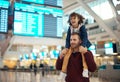 Travel, father and piggyback girl at airport, laughing at comic joke and having fun together. Immigration flight