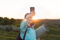 Travel female backpacker selfie blogging, vacation, vlogging Royalty Free Stock Photo