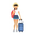 Travel female tourist standing with luggage. Young flat woman wearing casual clothes with baggage at airport. cute lady Royalty Free Stock Photo