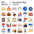 Travel flat icon set, tourism symbols collection, vector sketches, logo illustrations, holiday signs color gradient Royalty Free Stock Photo