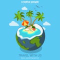 Travel flat isometric concept for beach island in the coconut
