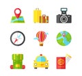 Travel flat vector icons set. Holiday vacation color symbols isolated pack. Suitcase, camera, map with pointer stickers Royalty Free Stock Photo