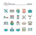 Travel, flight, accommodation, destination booking and more, thin line color icons set