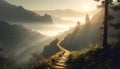 a path going through a foggy mountain valley at sunset , generated by AI Royalty Free Stock Photo