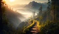 a path going through a foggy mountain valley at sunset , generated by AI Royalty Free Stock Photo